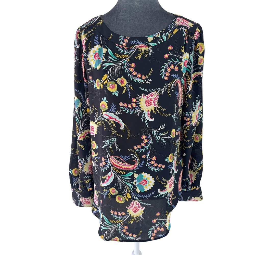 LOFT Boho Botanical Vibrant Black Floral Paisley Long Sleeve Boat Neck Blouse S